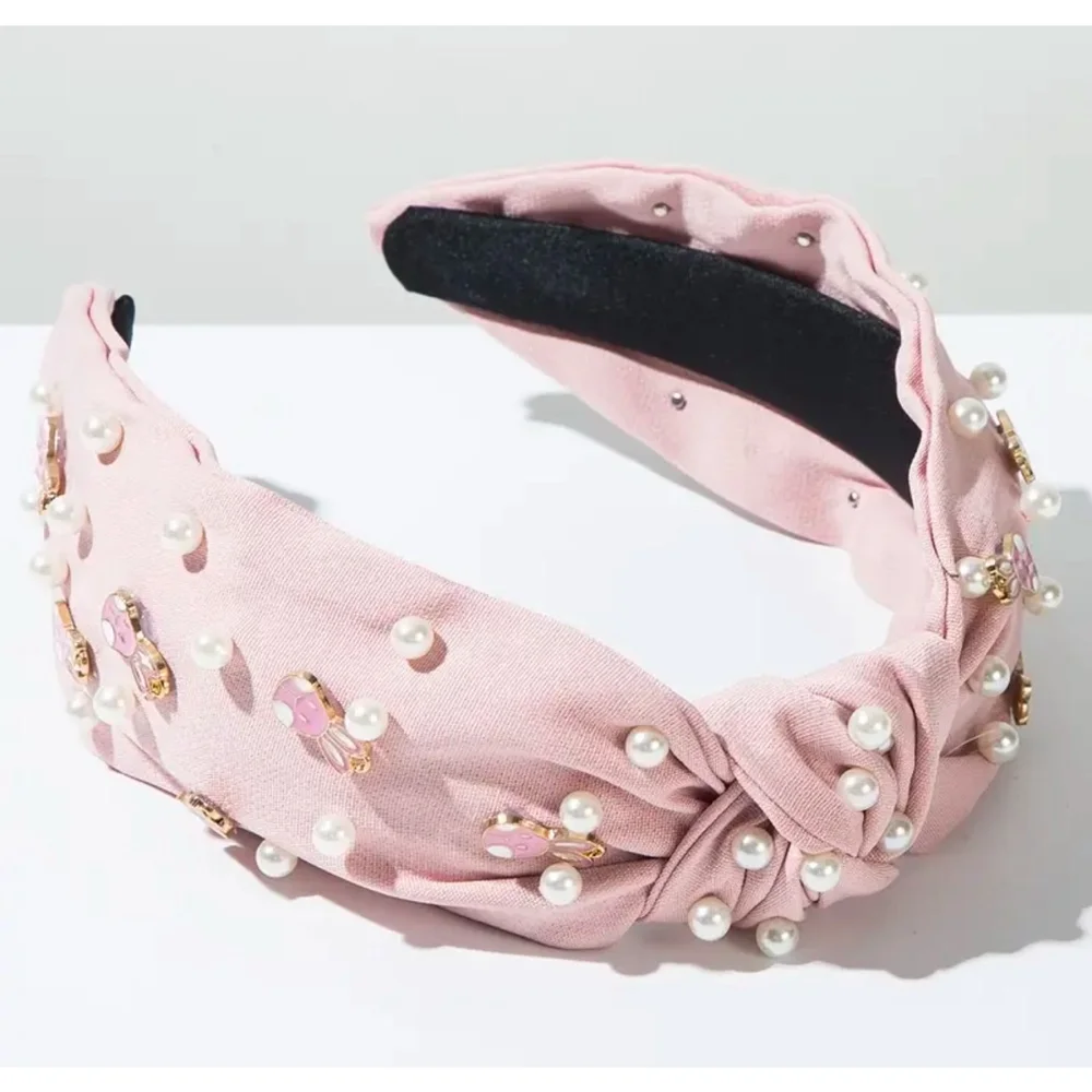 Pink Top Knot Headband with Easter Bunny Charms and Faux Pearls